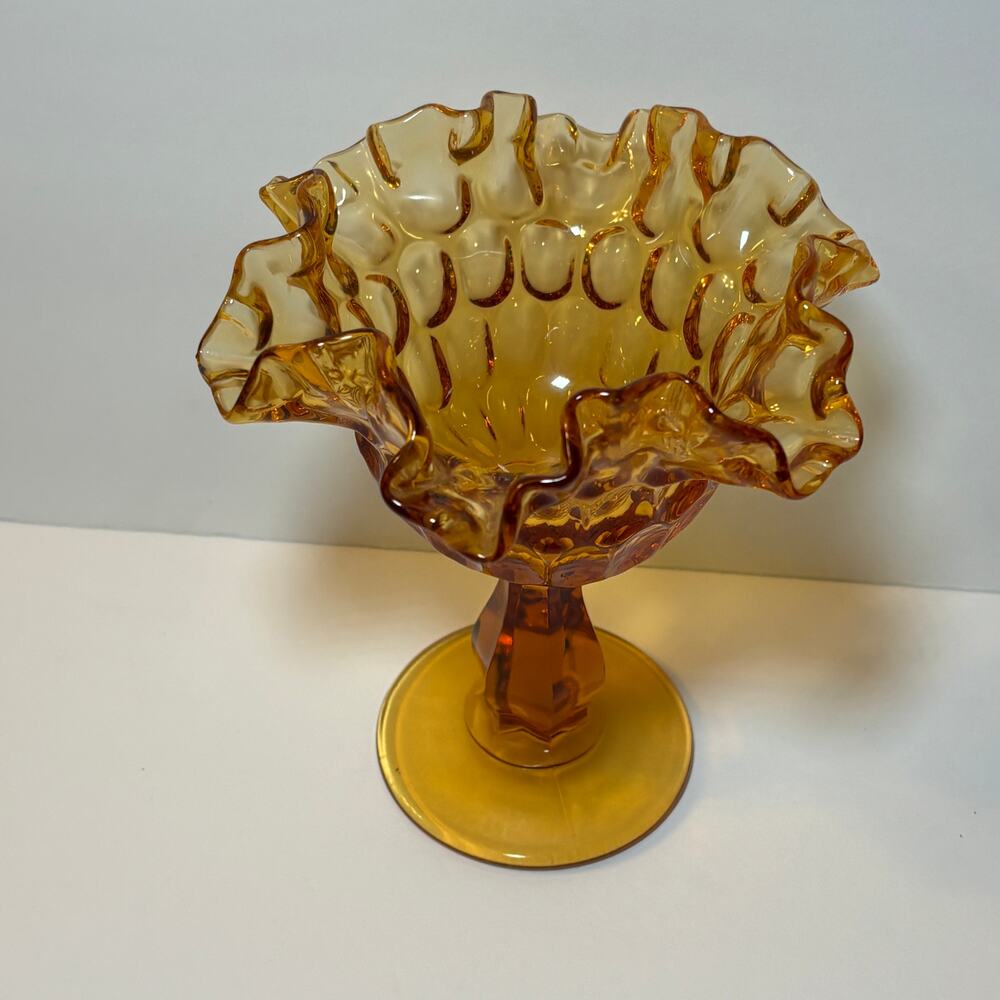 Vintage Amber Glass Fenton Pedestal Compote Ruffled Edge Thumbprint Pattern